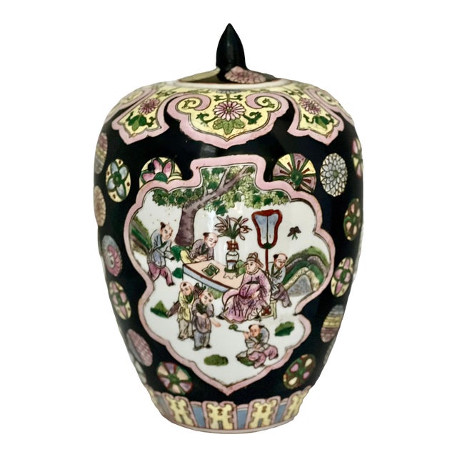 Vintage Chinese Famille Noire Porcelain Ovoid Ginger Jar With Lid For Sale