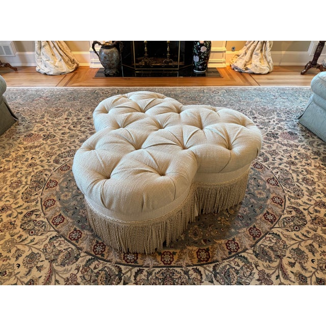 Beautiful Ethan Allen oversized tufted cocktail ottoman in a distinctive four-lobed clover/quatrefoil shape. Features deep...