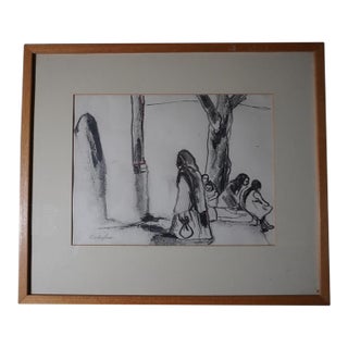 Mid 20th Century Arnold Schifrin - Charcoal Study of Mexican Women in Village Plaza, Framed For Sale
