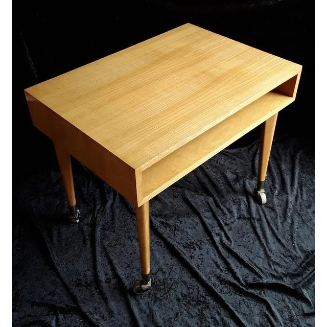 Wilhelm Renz Vintage German Cherry Tree Side Table with Newspaper Filing Compartment with Gray Plastic Rolls in Brass Shoes by Wilhelm Renz, 1970s For Sale - Image 4 of 9