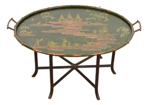 Baker Furniture Style Hollywood Regency Chinoiserie Faux Bamboo Tole Tray Coffee Table