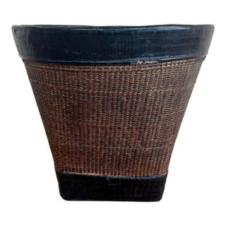 19th Century Thai Hand Woven Rattan Black Lacquer Grain Basket For Sale