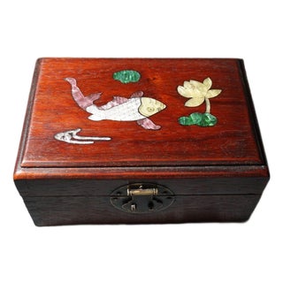 Vintage Chinese Rosewood Mother‑of‑Pearl Inlay Jewelry Box, Koi Lotus Motif Storage Casket For Sale