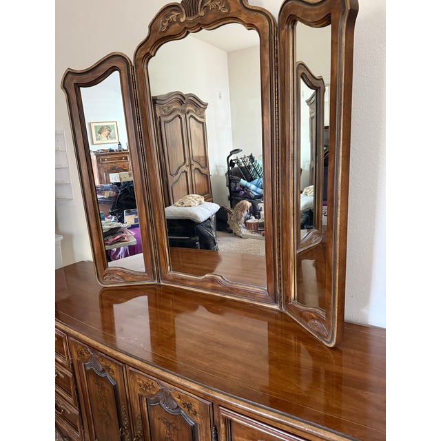 1970s Drexel Heritage French Provincial Louis XV Carved Walnut Triple Dresser With Matching Mirror For Sale - Image 10 of 13