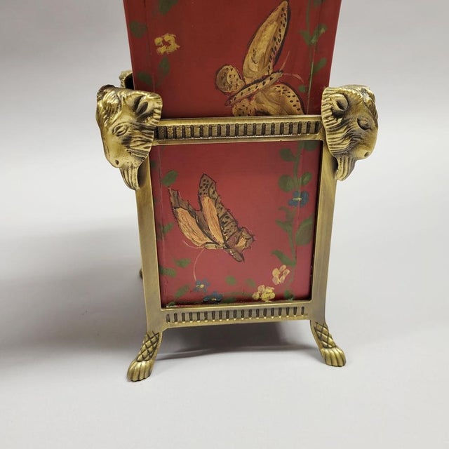Vintage Red Tole Butterfly Vase Cachepot in Brass Rams Head Stand For Sale In Raleigh - Image 6 of 6