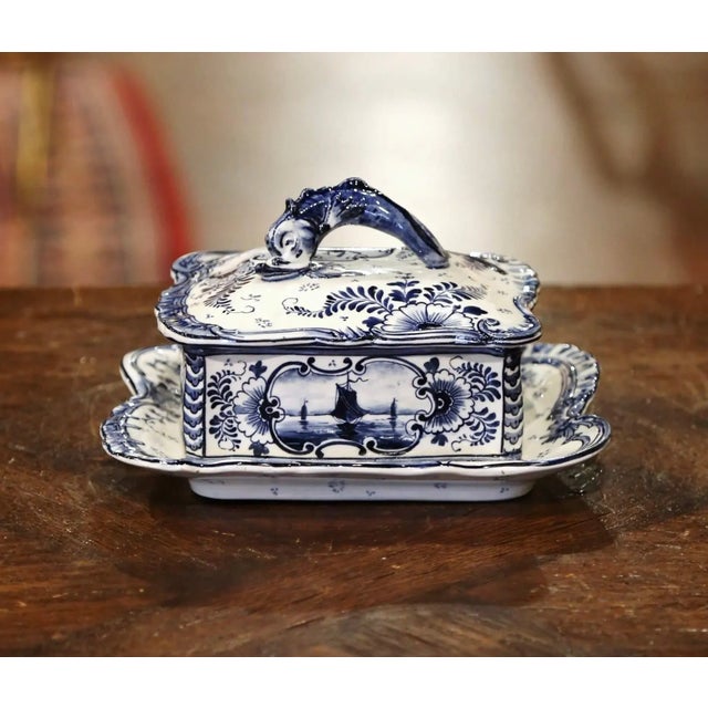 Figurative Early 20th Century Royal Bonn Delft Faience Sardine Dish With Dolphin Handle For Sale - Image 3 of 13