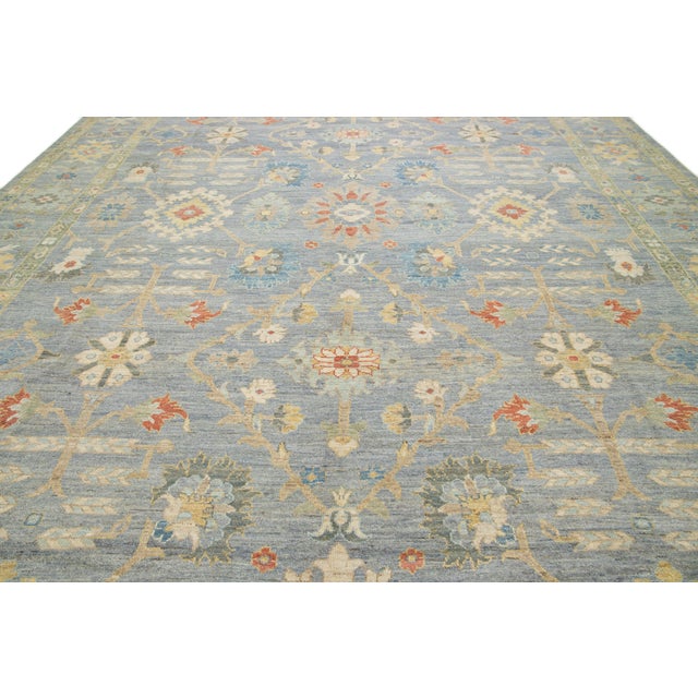 Textile Apadana's Modern Sultanabad Floral Wool Rug Handmade in Gray and Blue For Sale - Image 7 of 10