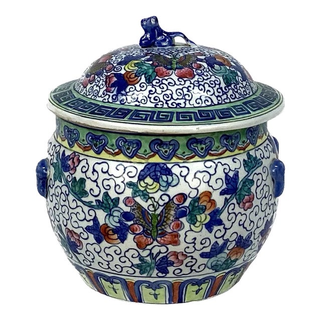 Famille Rose Butterfly Rice Jar With Foo Dog Lid For Sale