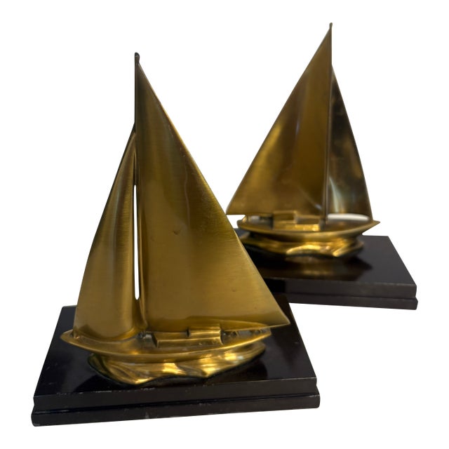 Vintage Brass and Wood Sailboat Bookends For Sale