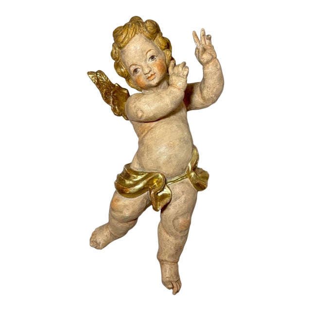 Antique 1800's Hand Carved Gilt Wood Religious Winged Cherub Sculpture Statue For Sale