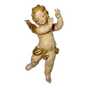 Antique 1800's Hand Carved Gilt Wood Religious Winged Cherub Sculpture Statue