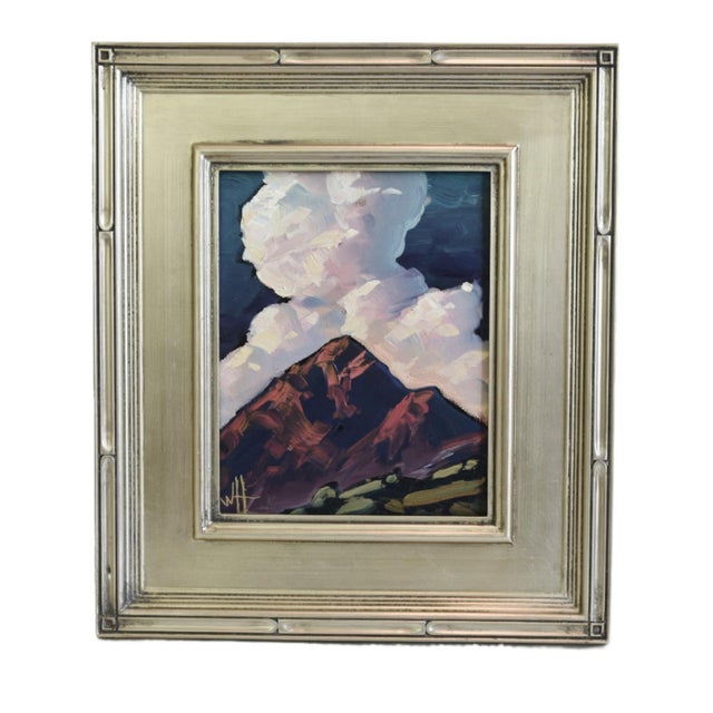 Early 21st Century William Hawkins Dreamy Puffy White Clouds & Mountains Landscape Oil Painting Including the Antiqued Silver Wood Frame For Sale - Image 5 of 7