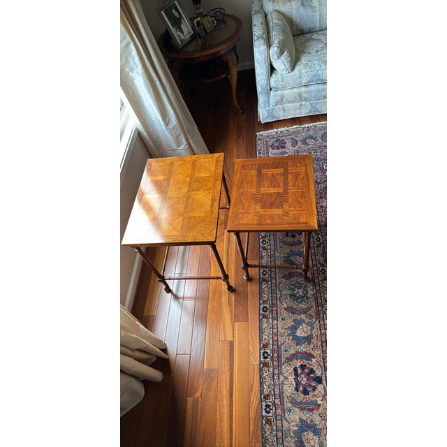 Baker Furniture Company Baker Furniture English Regency Walnut and Burl Wood Parquet Top Nesting Tables, Pair For Sale - Image 4 of 12