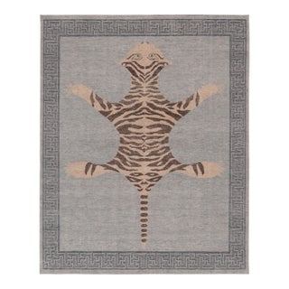 Rug & Kilim’s Distressed Tiger Rug in Gray With Beige and Brown Pictorial For Sale