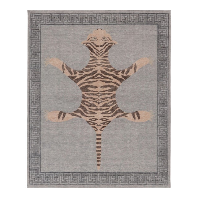 Rug & Kilim’s Distressed Tiger Rug in Gray With Beige and Brown Pictorial For Sale