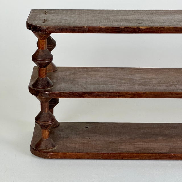 Early 20th Century Vintage French Salvaged Bobbin Reels 3 Tier Wood Shelving Unit, Table/Counter Top Etageres For Sale - Image 5 of 18
