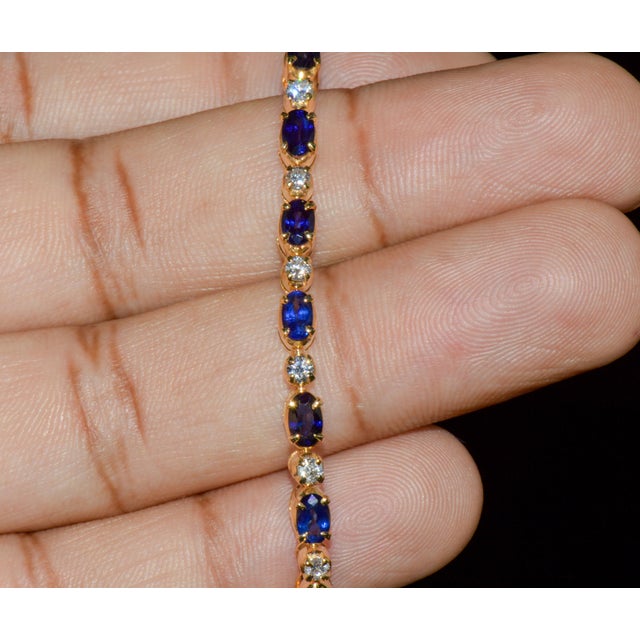 Certified Natural 7ct Blue Sapphire Diamond 18k Gold Tennis Stacking Bracelet For Sale - Image 12 of 16
