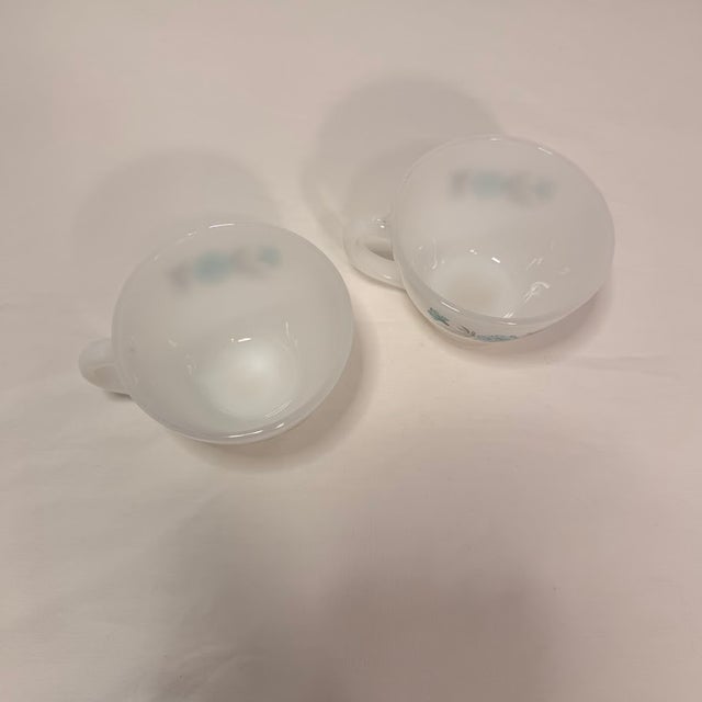 Mid-Century Modern Vintage Mid-Century Fire King Milk Glass Teacups Blue Cornflower Anniversary Pattern - Set of 2 For Sale - Image 3 of 11