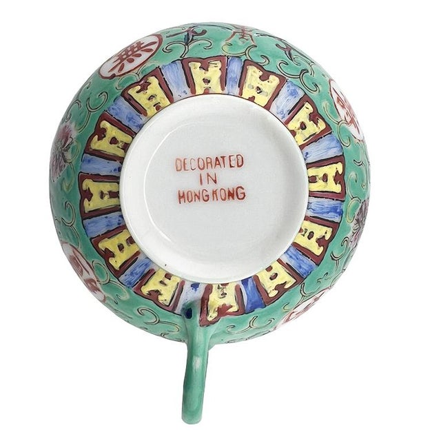 Green Early 20th Century Chinese Export Famille Rose Teacup & Three Saucer Plates, Longevity Motif - 4pcs For Sale - Image 8 of 10