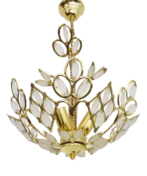Floral Pendant Light with 3 Lights in Gold Metal & Glass, 1980s