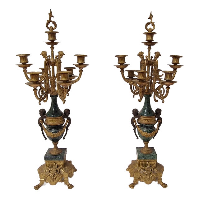 Candelabras in Verde Delle Alpi Marble and Bronze, 1950s, Set of 2 For Sale