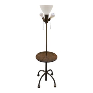 Antique English Victorian Brass & Oak Table Floor Lamp, 1930s For Sale