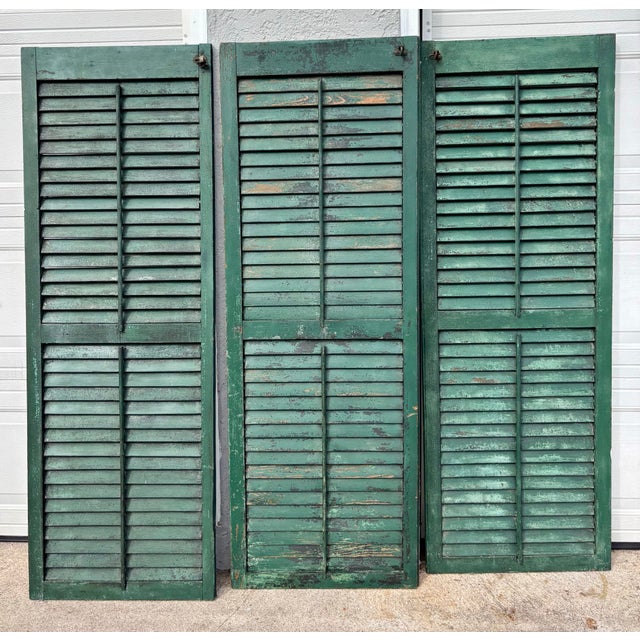 Green Antique American Green Farmhouse Shutter 19th C Architectural Salvage- Set of 3 For Sale - Image 8 of 9