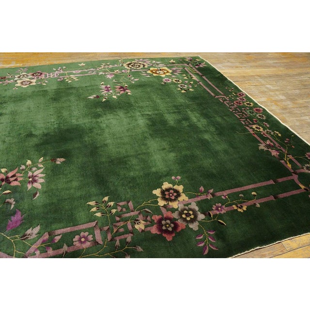 1920s Green Floral Modern Antique Chinese Art Deco Rug 9' X 11' 6" Handknotted Wool Carpet For Sale - Image 11 of 12