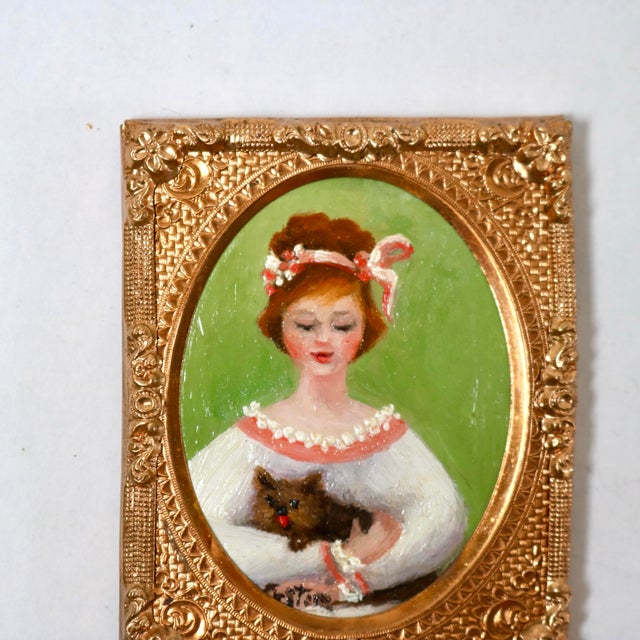 Mid-Century Modern Mid-Century Miniature Portrait of Young Woman With Dog Signed Austin in Pressed Filagree Metal Frame For Sale - Image 3 of 11