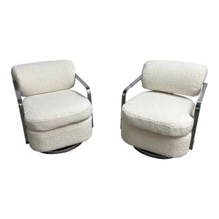 1960s Pair of Exceptional Mid Century Modern Chrome Milo Baughman for Thayer Coggin Swivel Lounge Chairs Newly Upholstered in Shearling Boucle For Sale