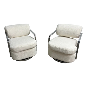 1960s Pair of Exceptional Mid Century Modern Chrome Milo Baughman for Thayer Coggin Swivel Lounge Chairs Newly Upholstered in Shearling Boucle