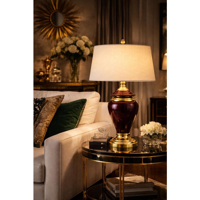Hollywood Regency Eggplant & Brass Table Lamp With New 17” Shade For Sale - Image 10 of 12