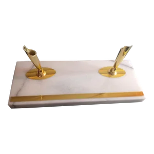 1980s Solid Marble With Brass Hardware Pen Holder Desk Decor