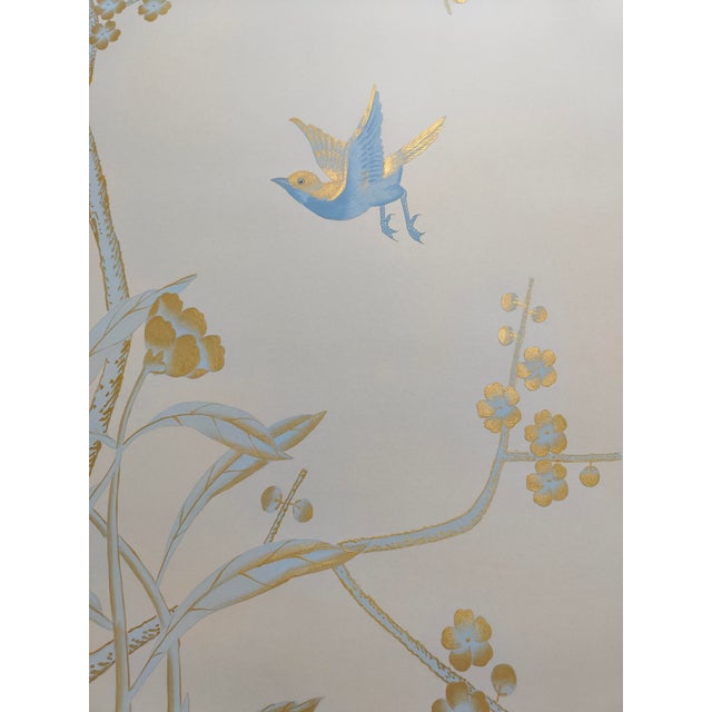 Pale Blue Chinoiserie Mural | 10-Panel Hand-Painted Floral & Bird Wallpaper For Sale - Image 4 of 6