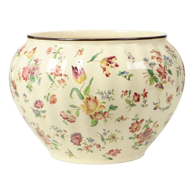Large Polychrome Flower Cache Pot from Longchamp, France, 1890s For Sale