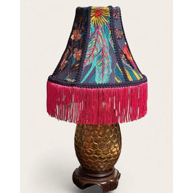 Handcrafted Covington Abelia Garden Embroidered Designer Lamp Shade With Rayon Pink Fringe For Sale - Image 4 of 7