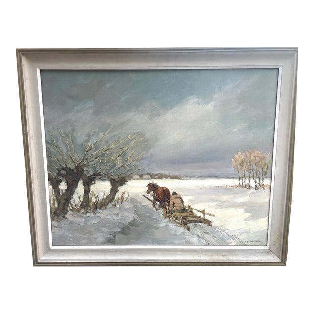 Large Vintage Feliks Dolgan Polish Winter Horse Sled Snow Landscape Oil Painting For Sale