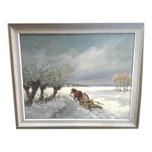 Large Vintage Feliks Dolgan Polish Winter Horse Sled Snow Landscape Oil Painting