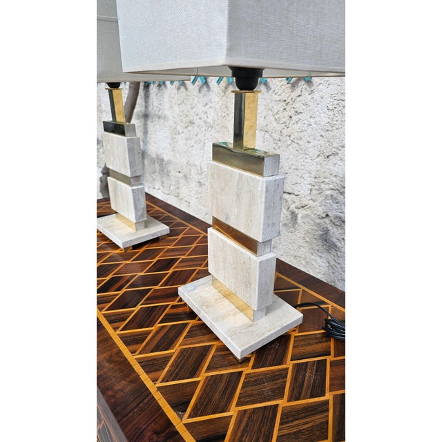 Mid-Century Modern Lamps in Travertine and Brass, Set of 2 For Sale - Image 10 of 13