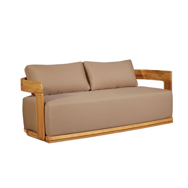 Brown Eclipse Outdoor Solid Teak Wood Love Seat - Light Brown Fabric For Sale - Image 8 of 11