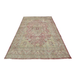 Tabriz Rug 10’1” X 12’11” Red Wool Vintage Distressed Hand-Knotted Carpet For Sale