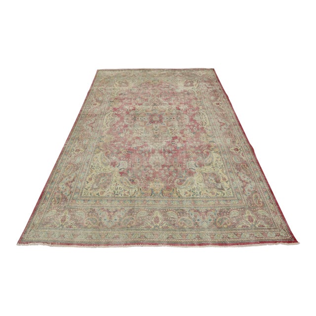 Tabriz Rug 10’1” X 12’11” Red Wool Vintage Distressed Hand-Knotted Carpet For Sale