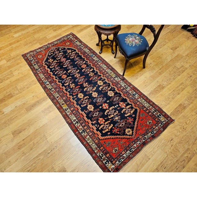 Vintage Persian Malayer Runner Rug, Hand-Knotted Wool, Geometric Pattern, 4x9, Navy & Red For Sale - Image 9 of 12