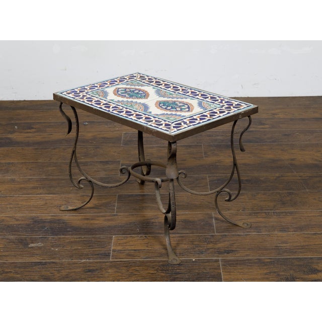 Midcentury Italian Wrought-Iron Coffee Table with Tile Top and Scrolling Base For Sale - Image 4 of 11