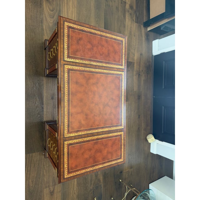 1980s 1980s Maitland-Smith Burl Wood Executive Desk With Leather Inset Top – Double Pedestal, Brass Hardware For Sale - Image 5 of 17