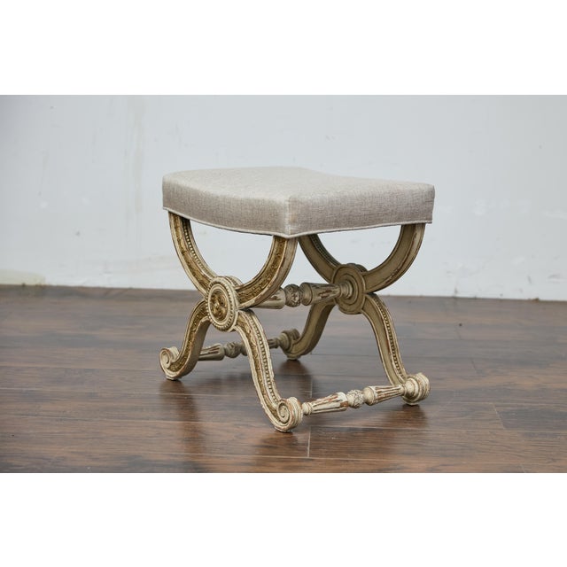 French Empire Style Curule Stool with Gilded Accents and Linen Upholstery For Sale - Image 4 of 12