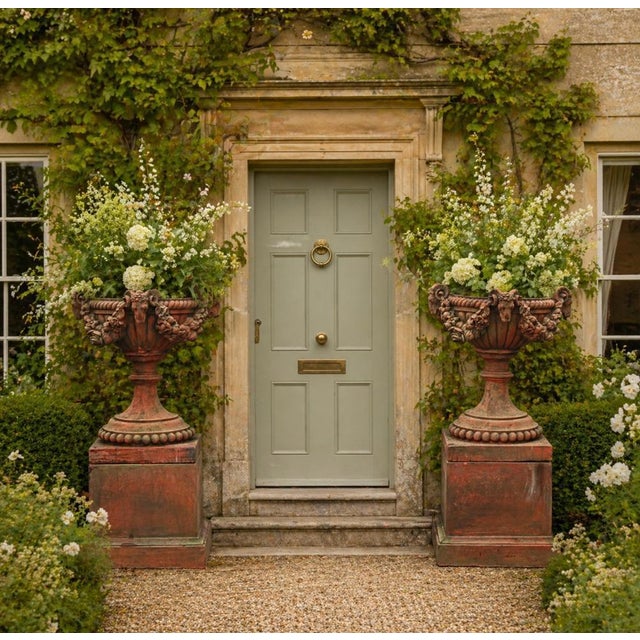 A striking pair of English classical terracotta garden urns, richly ornamented and raised on substantial square plinth...