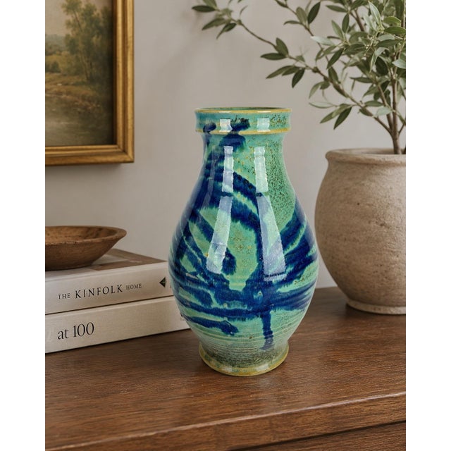 Turquoise Vintage Studio Pottery Vase - Turquoise & Cobalt Glazed Stoneware - MCM Style For Sale - Image 8 of 8