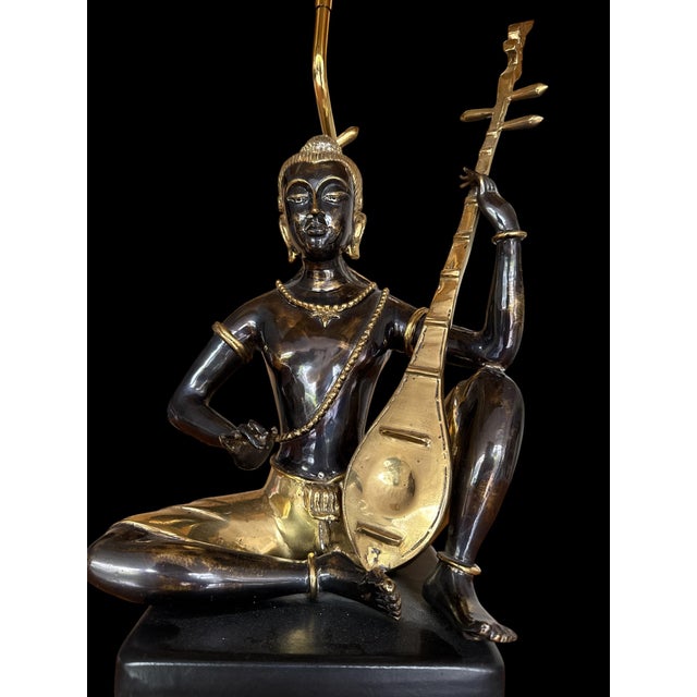 Art Deco Late 20th Century Art Deco Bronze Statue Lamp With Gold-Tone Shade For Sale - Image 3 of 12