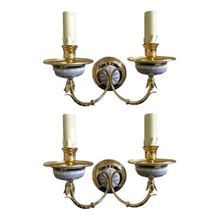 Postmodern Brass Porcelain Wall Lights, Italy, 1970s, Set of 2 For Sale